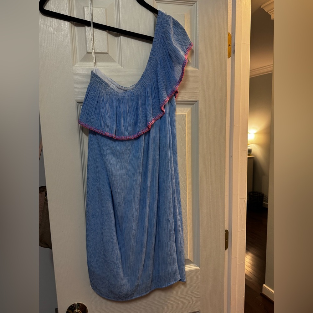Blue One-Shoulder Dress with Pink Trim